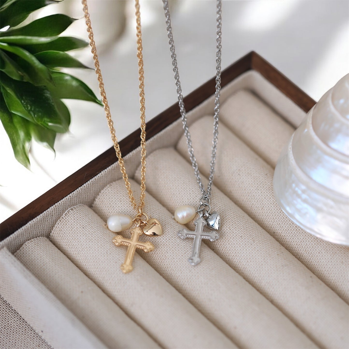 Pearl heart cross necklace