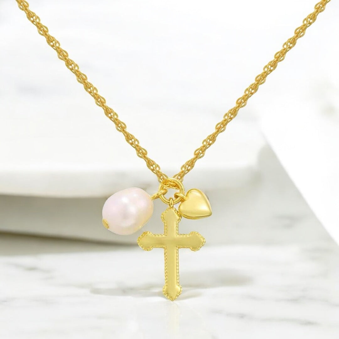 Pearl heart cross necklace