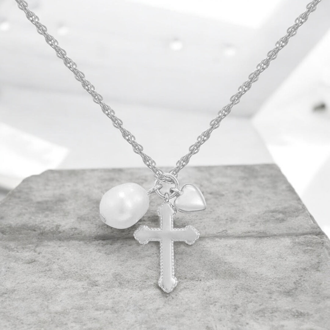 ★PEARLY MORE★ Heart Cross Daily Necklace Pearl heart cross necklace – Nickissaccessories