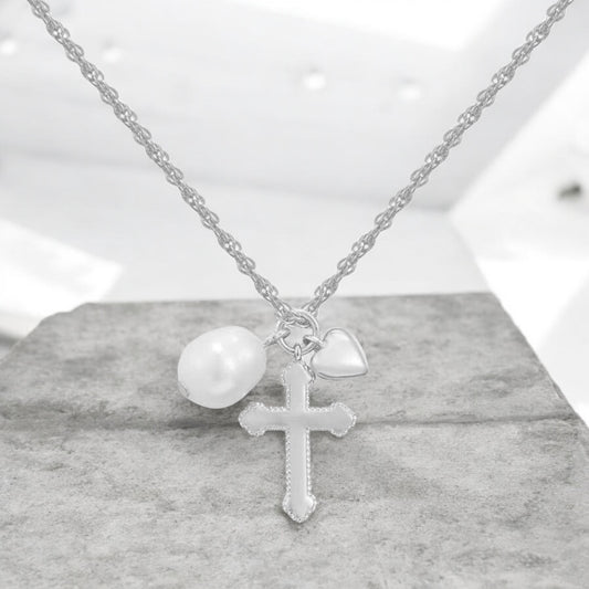 Pearl heart cross necklace